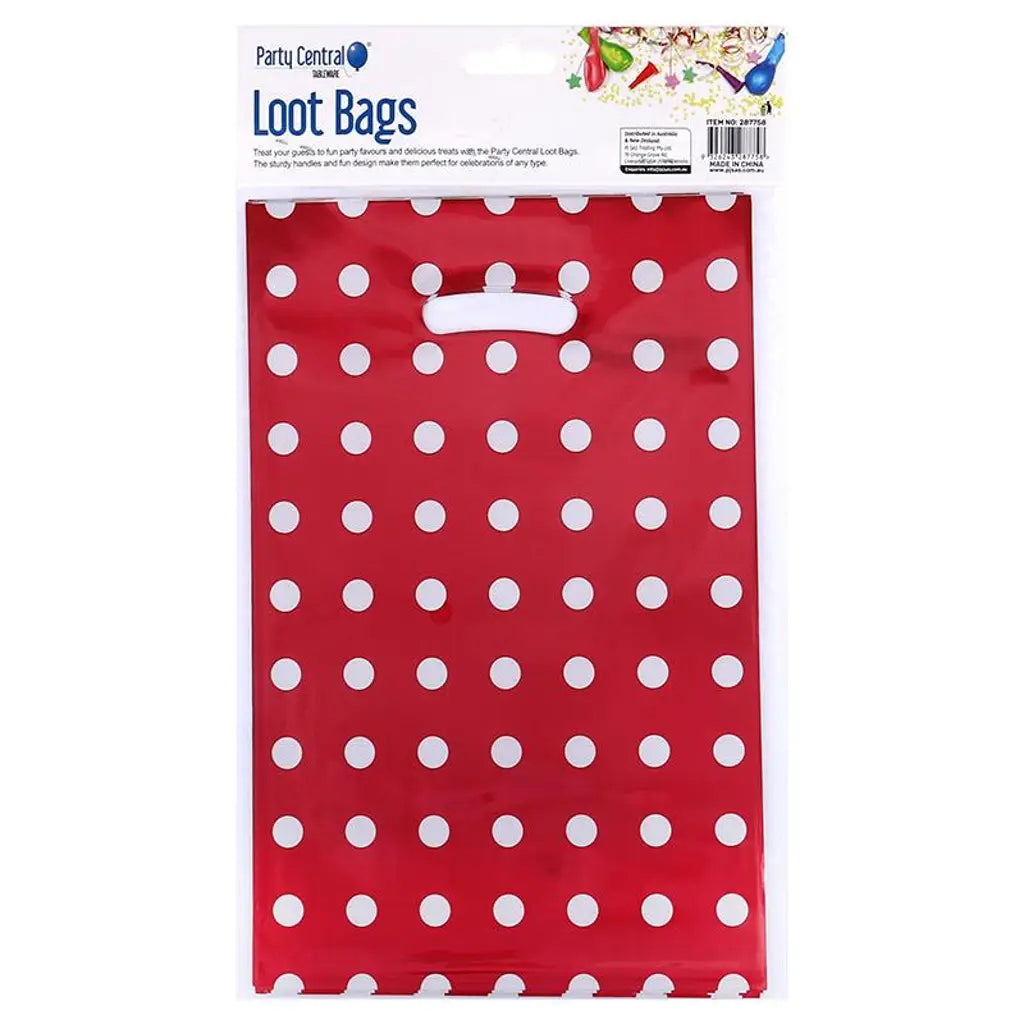 Party Central Foil Loot Bags Polka Dot Assorted Colours 16x25cm 10Pk 287758