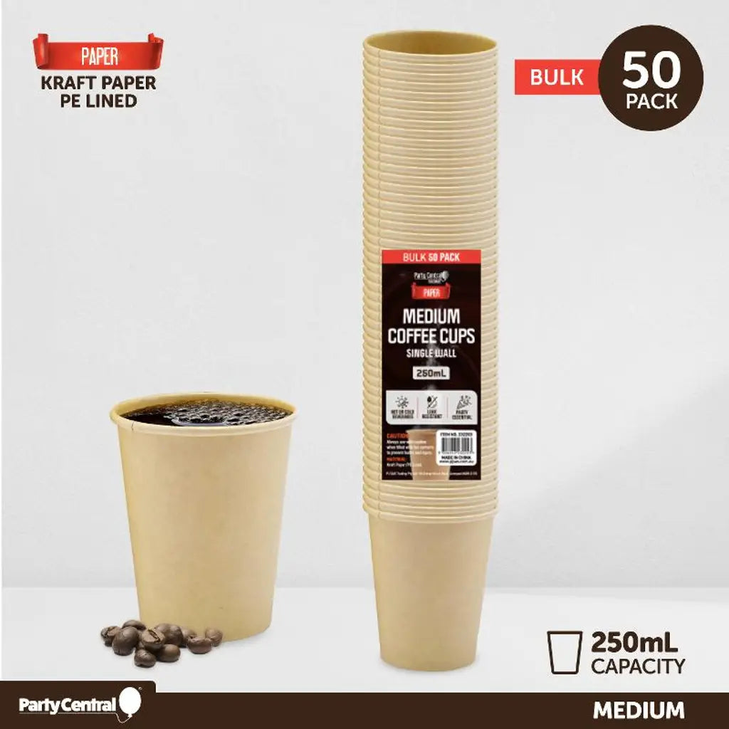 Party Central Medium Paper Coffee Cups Single Wall 250ml 50Pk 232253
