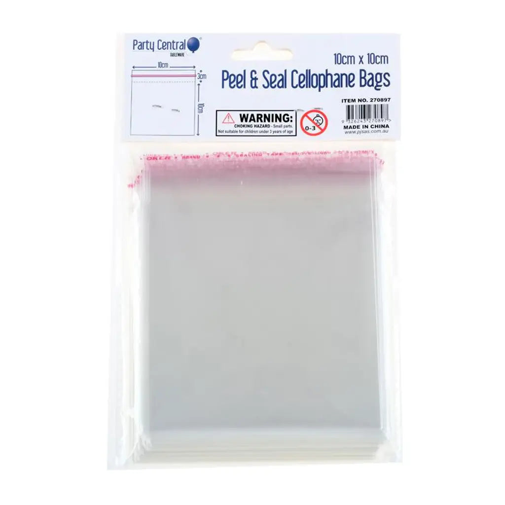 Party Central Premium Seal Cellophane Snack Bags 10x10cm 72Pk 270897