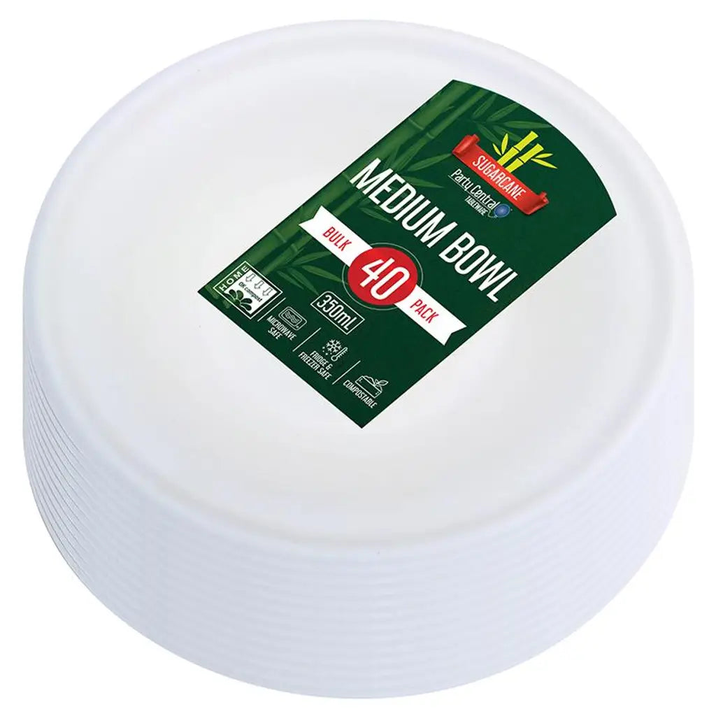 Party Central Sugarcane Medium Snack Bowls White 350ml 40Pk 278909
