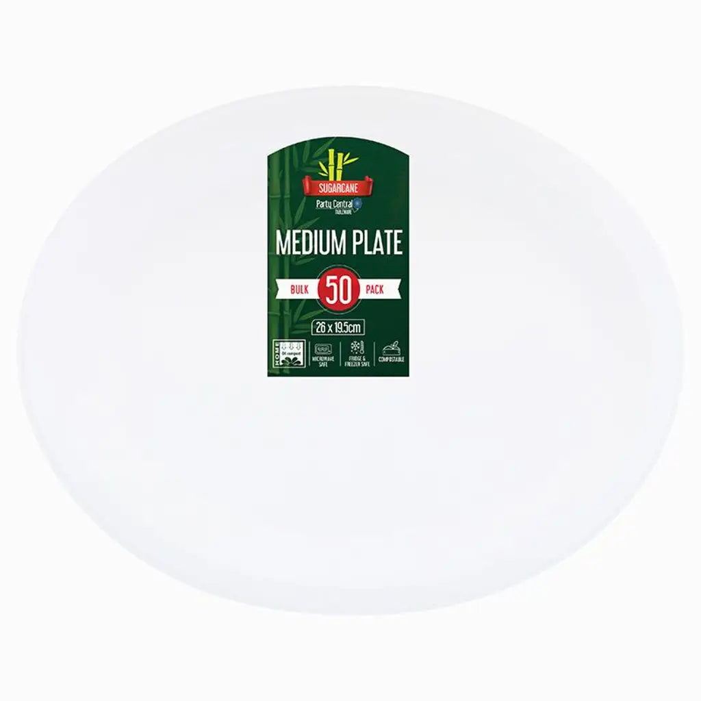 Party Central Sugarcane Oval Dinner Plates White 26x19.5cm 50Pk 288946