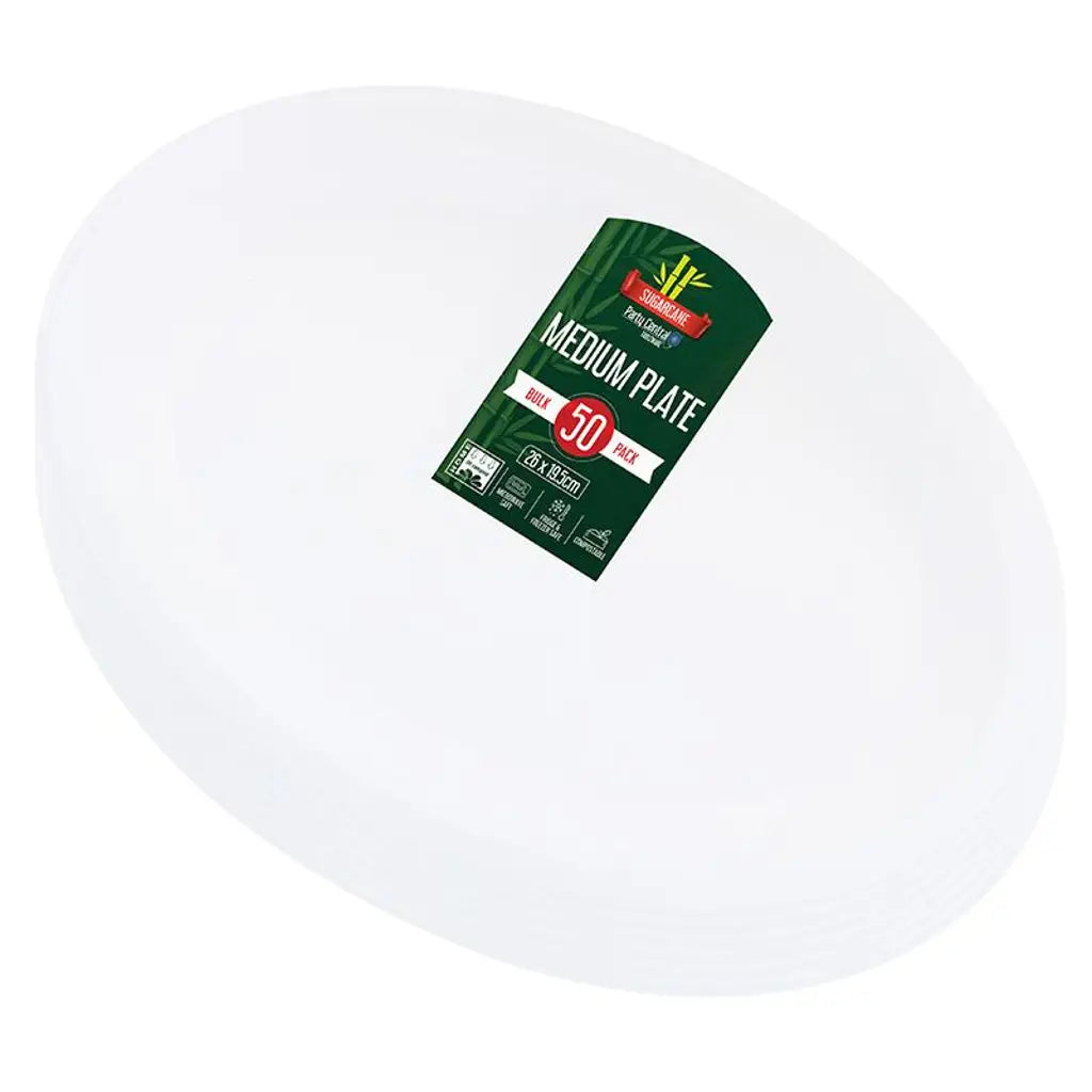 Party Central Sugarcane Oval Dinner Plates White 26x19.5cm 50Pk 288946