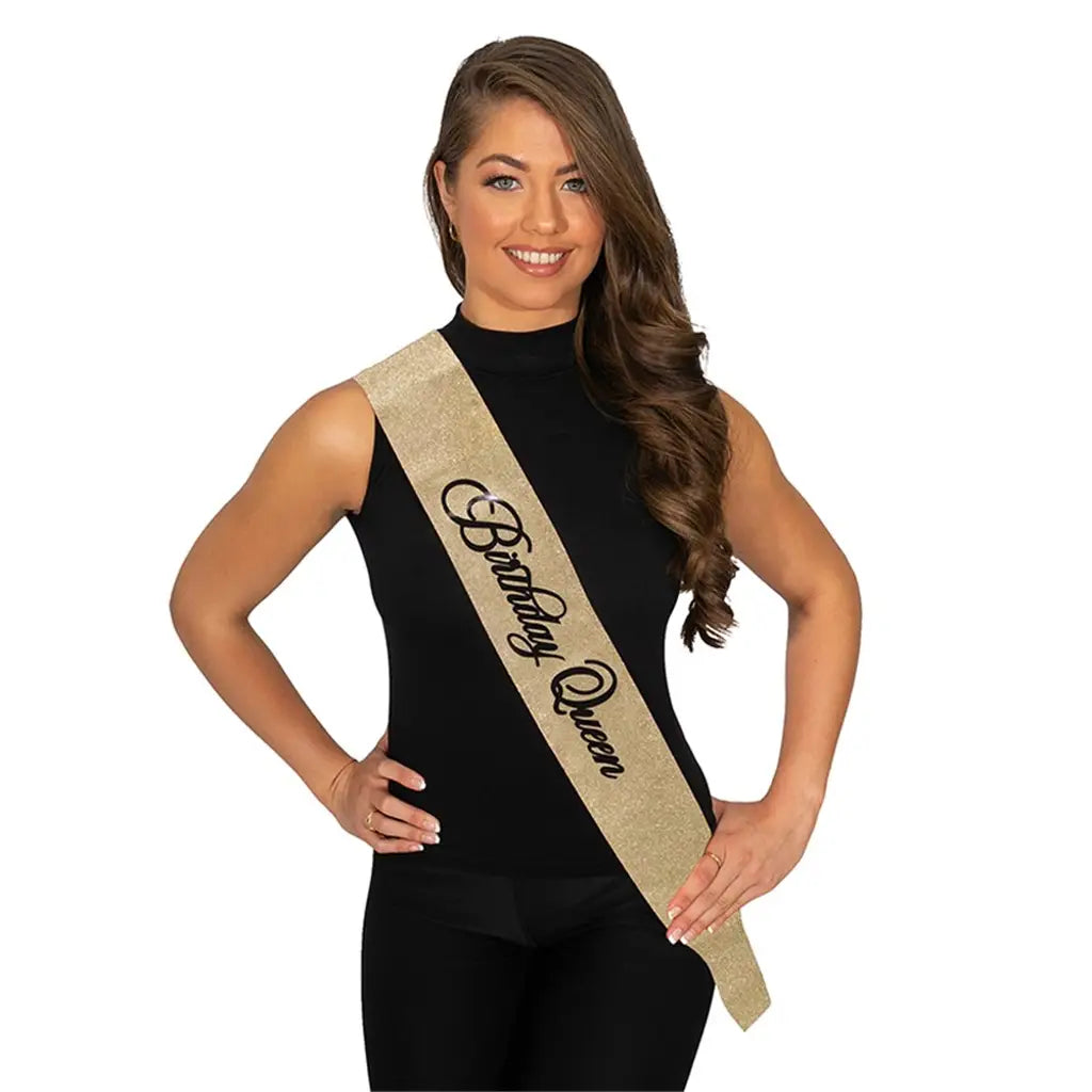 Party Planet Birthday Queen Gold Glitter Sash PP61477