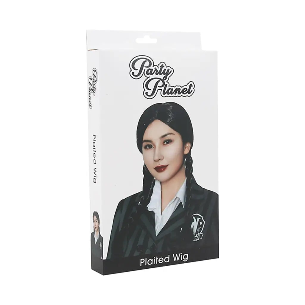 Party Planet Long Black Plaited Wednesday Wig PP45443