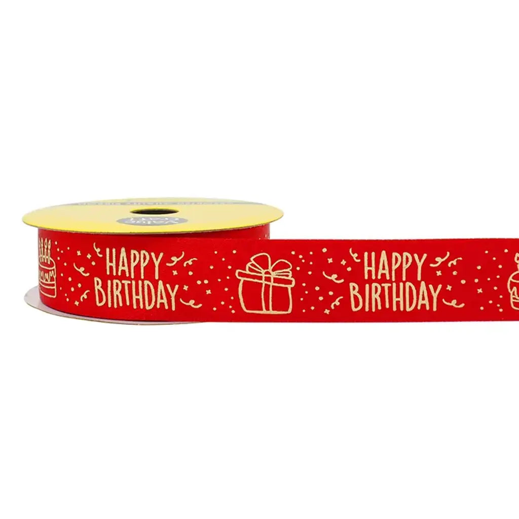 Ribbon Satin Gold Happy Birthday Red 22mmX3m VCRHBR22