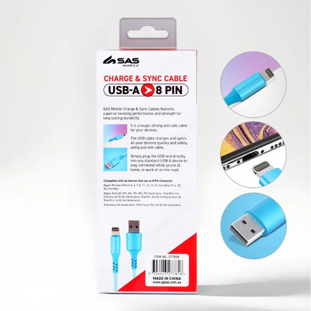 SAS Charge & Sync USB A to 8 Pin Rainbow Polyester Cable 2m 277858