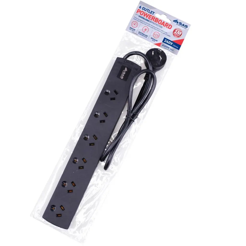 SAS Power Board 6 Outlets With Overload Protection Black 240V 10A Max Load 2400W 1m 274352