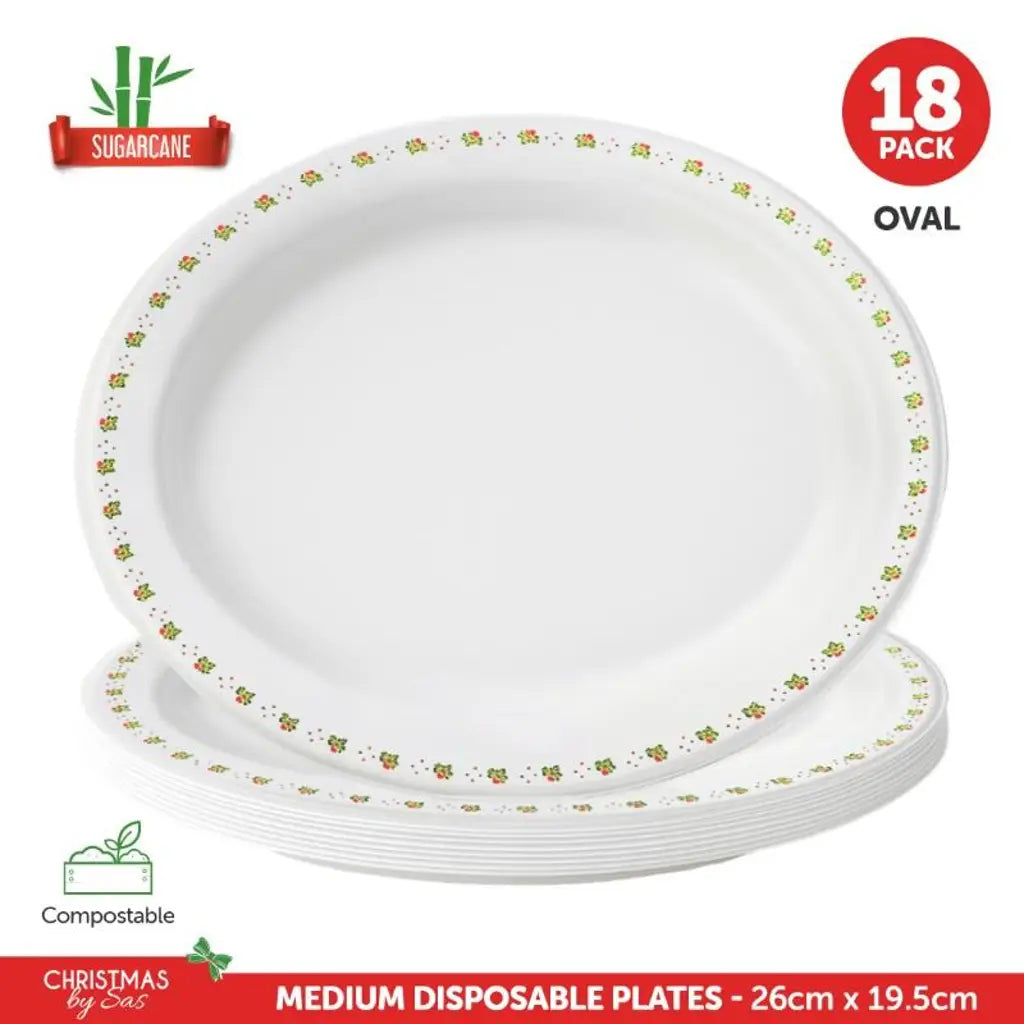 SAS Sugarcane Bagasse Christmas Plates Oval 26x19.5cm 18Pk 320424