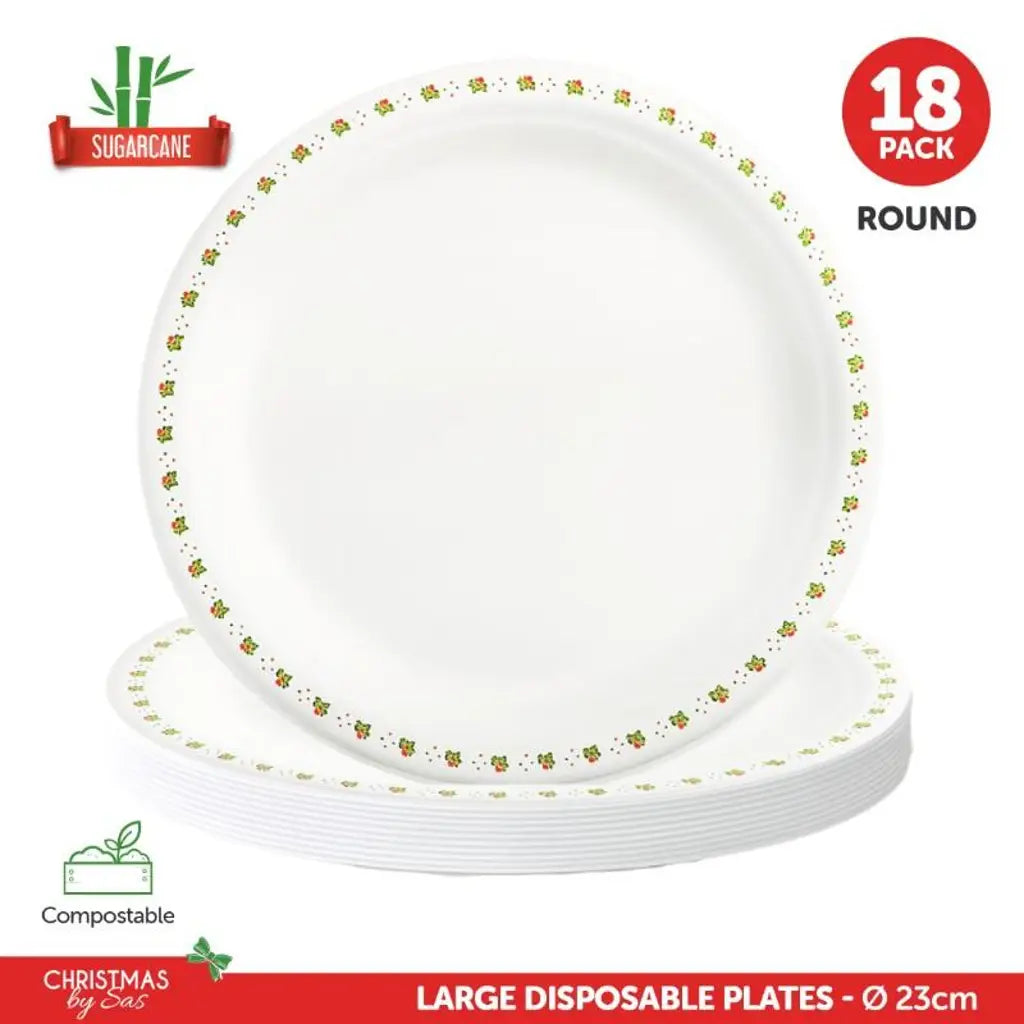 SAS Sugarcane Bagasse Christmas Plates Round 23cm 18Pk 320417
