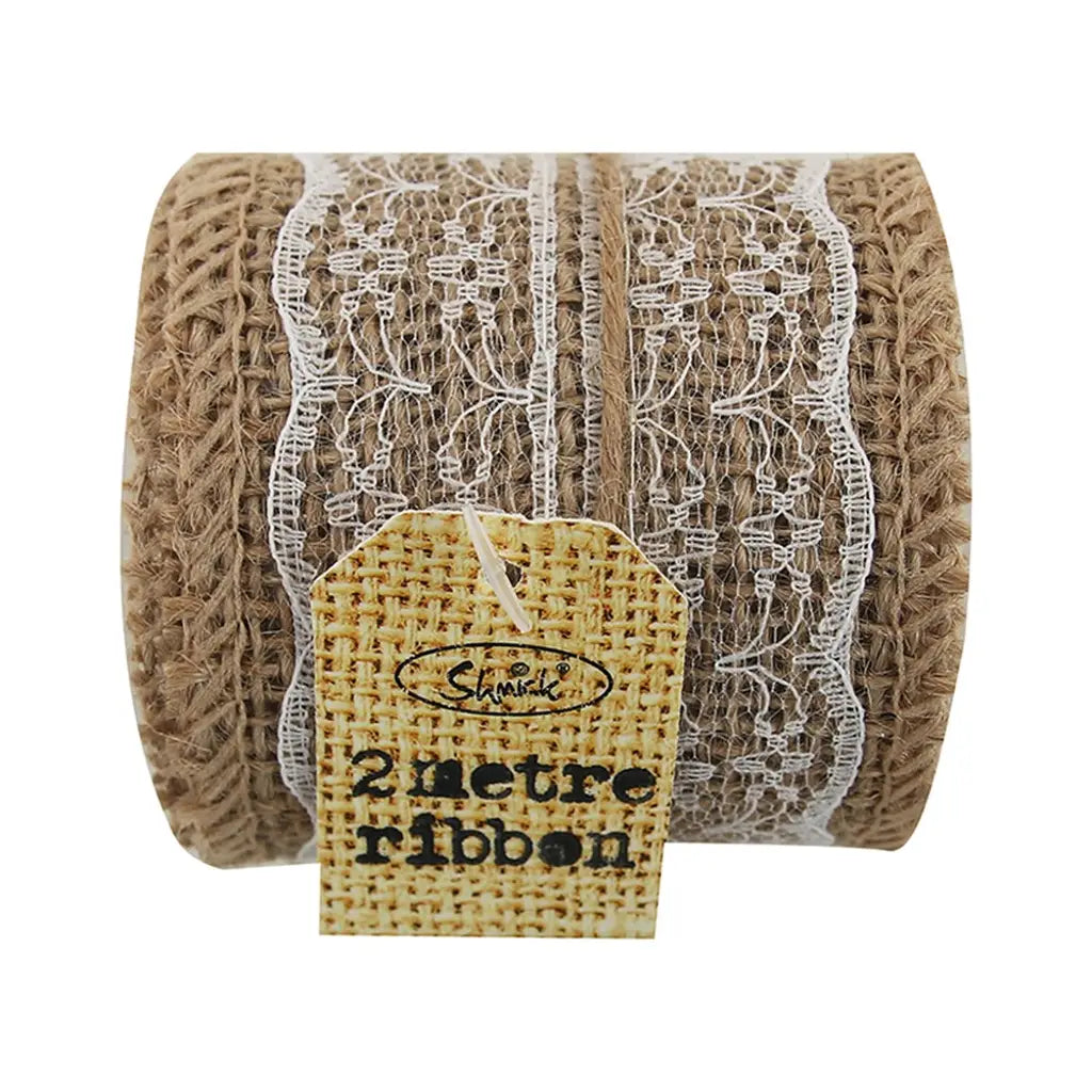 Shmick Hessian Ribbon With Lace White 2m A156995