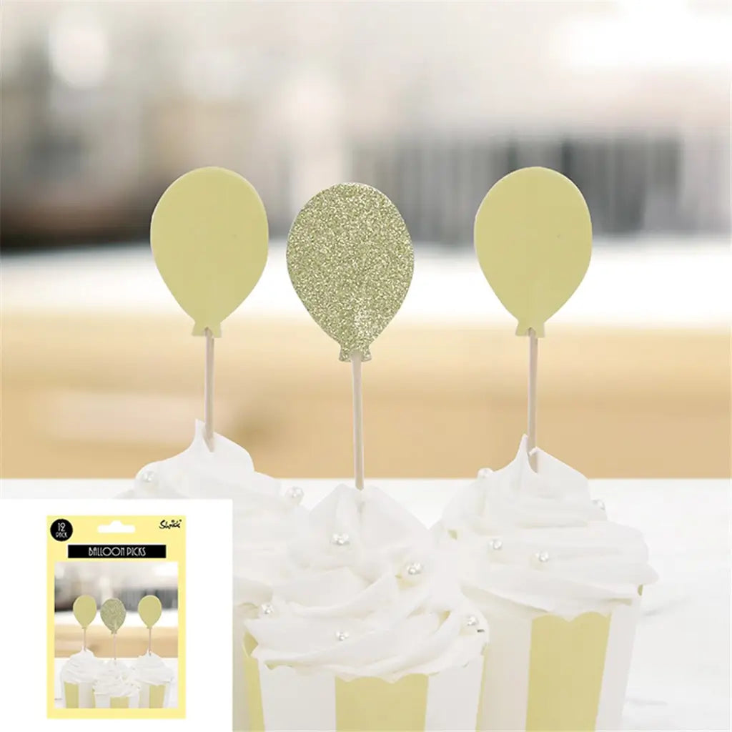 Shmick Yellow And Champagne Balloon Picks 10cm 12PK SH23427