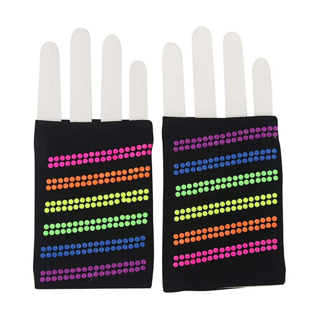 The 80s Black Short Fingerless Gloves With Rainbow Studs A225516