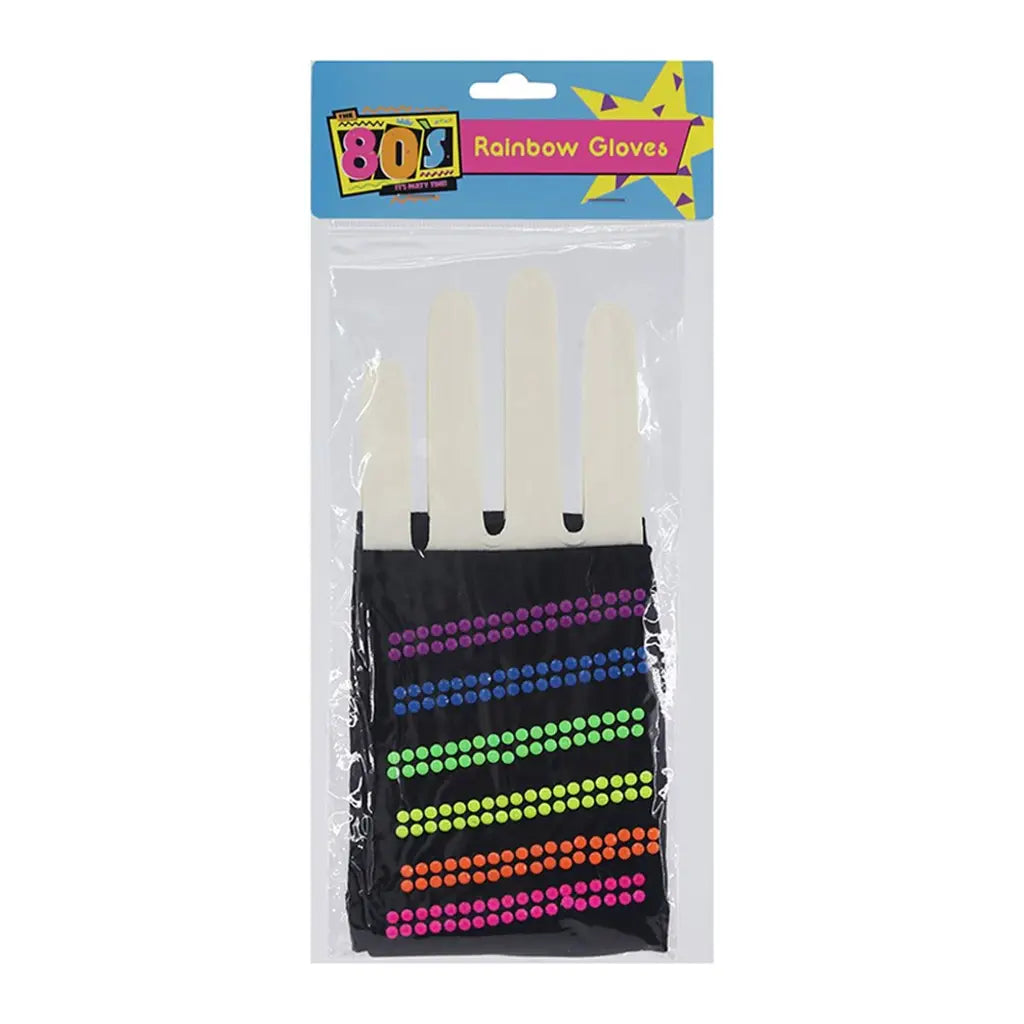 The 80s Black Short Fingerless Gloves With Rainbow Studs A225516