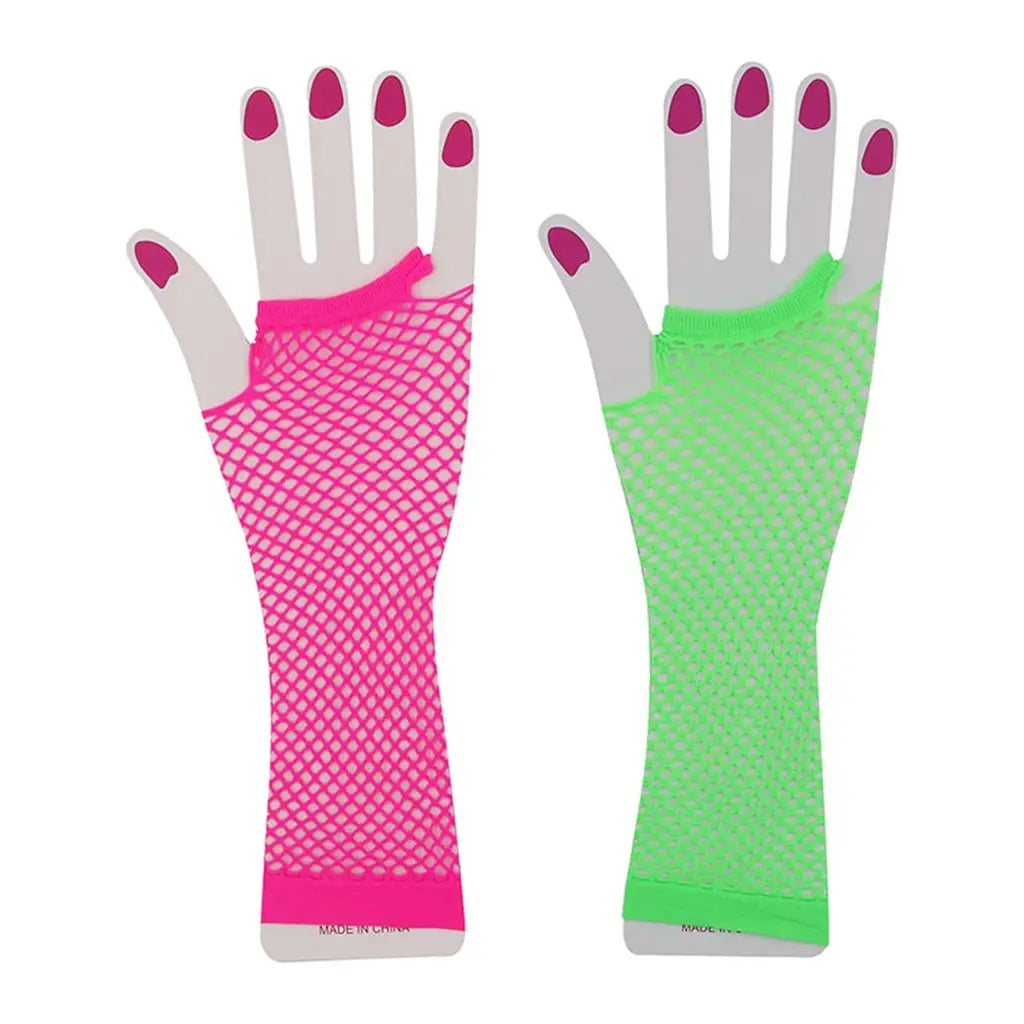 The 80s Pink And Green Long Fingerless Fishnet Gloves A180419