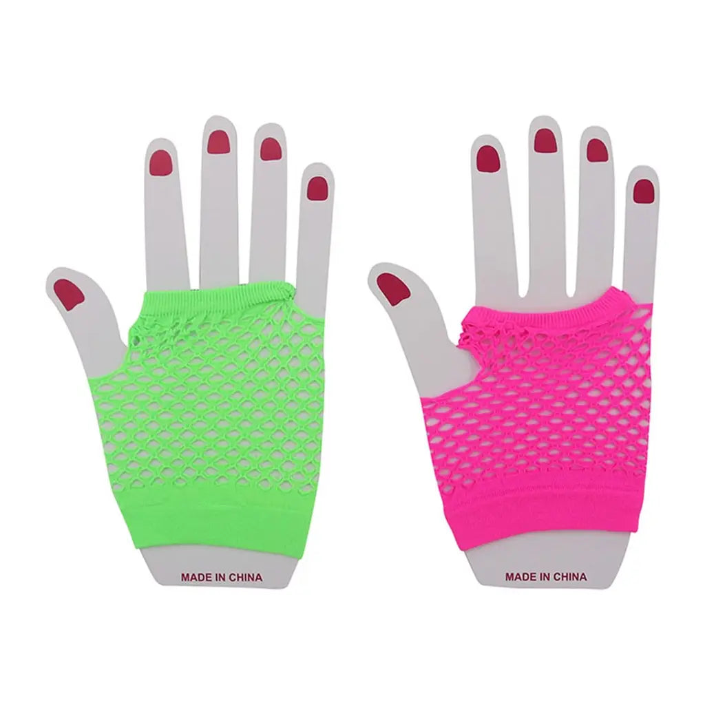 The 80s Pink And Green Short Fingerless Fishnet Gloves A180143
