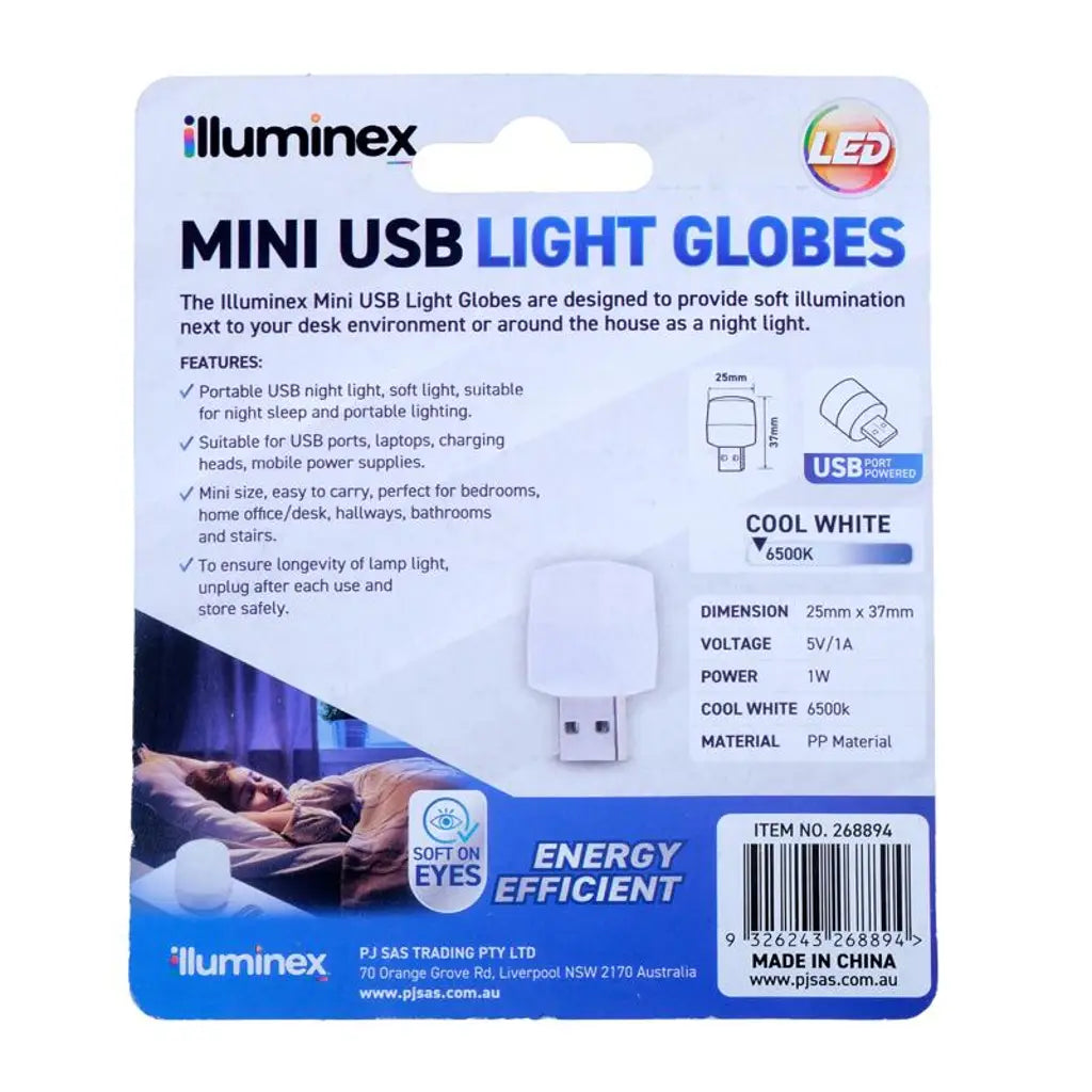 illuminex Mini USV LED Lamp Night Light Camping Auto Cool White USB A 25x37mm 1W 5V 2Pk 268894