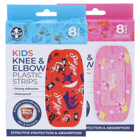 1st Care Bandage Strips Knee & Elbow Kids Waterproof Assorted Designs PE 5x10cm 8Pk 281152