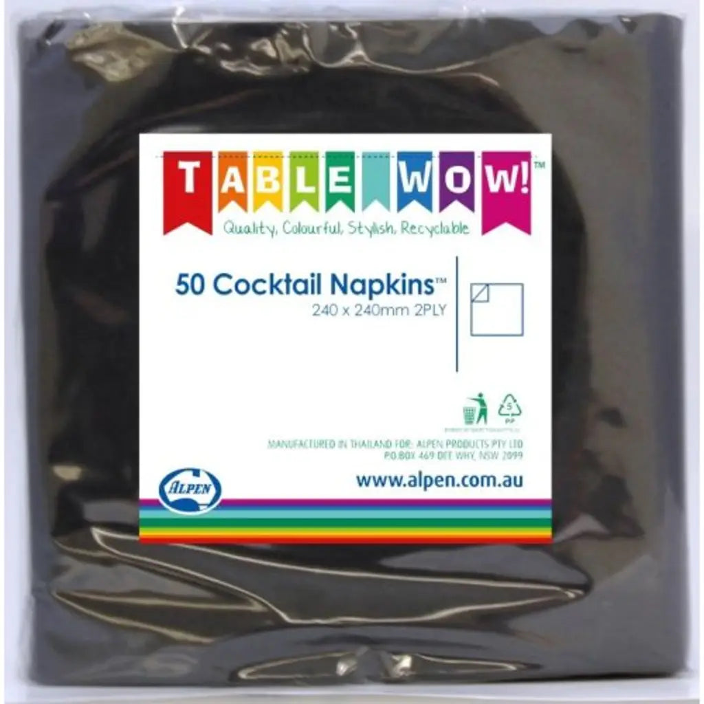 Alpen Cocktail Napkins Black 250x250mm 2Ply 50Pk 380089
