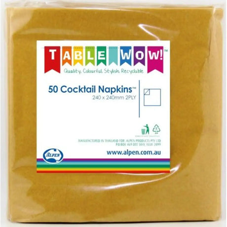 Alpen Cocktail Napkins Gold 250x250mm 2Ply 50Pk 380081