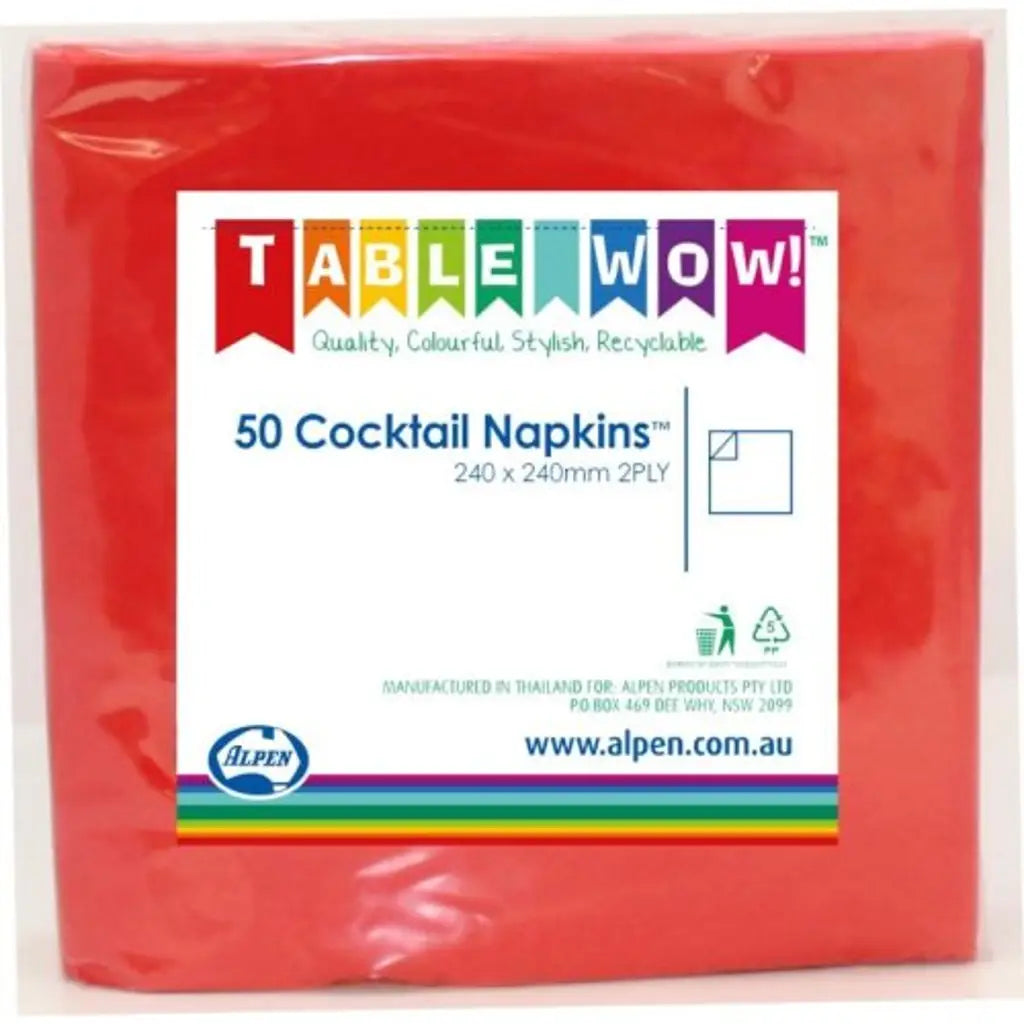 Alpen Cocktail Napkins Red 250x250mm 2Ply 50Pk 380077