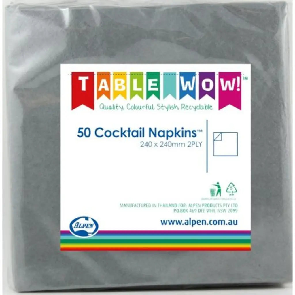 Alpen Cocktail Napkins Silver 250x250mm 2Ply 50Pk 380078