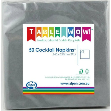 Alpen Cocktail Napkins Silver 250x250mm 2Ply 50Pk 380078