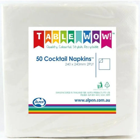 Alpen Cocktail Napkins White 250x250mm 2Ply 50Pk 380071