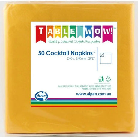 Alpen Cocktail Napkins Yellow 250x250mm 2Ply 50Pk 380080