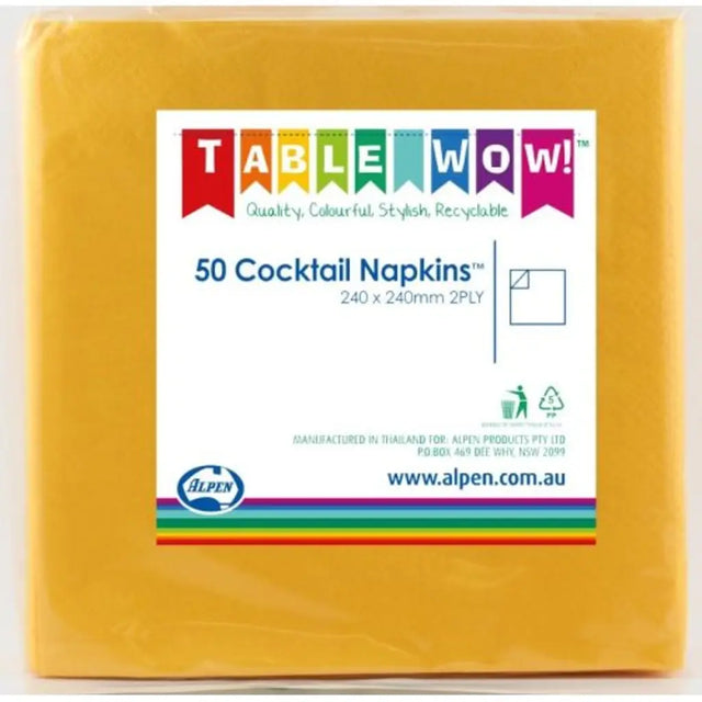 Alpen Cocktail Napkins Yellow 250x250mm 2Ply 50Pk 380080