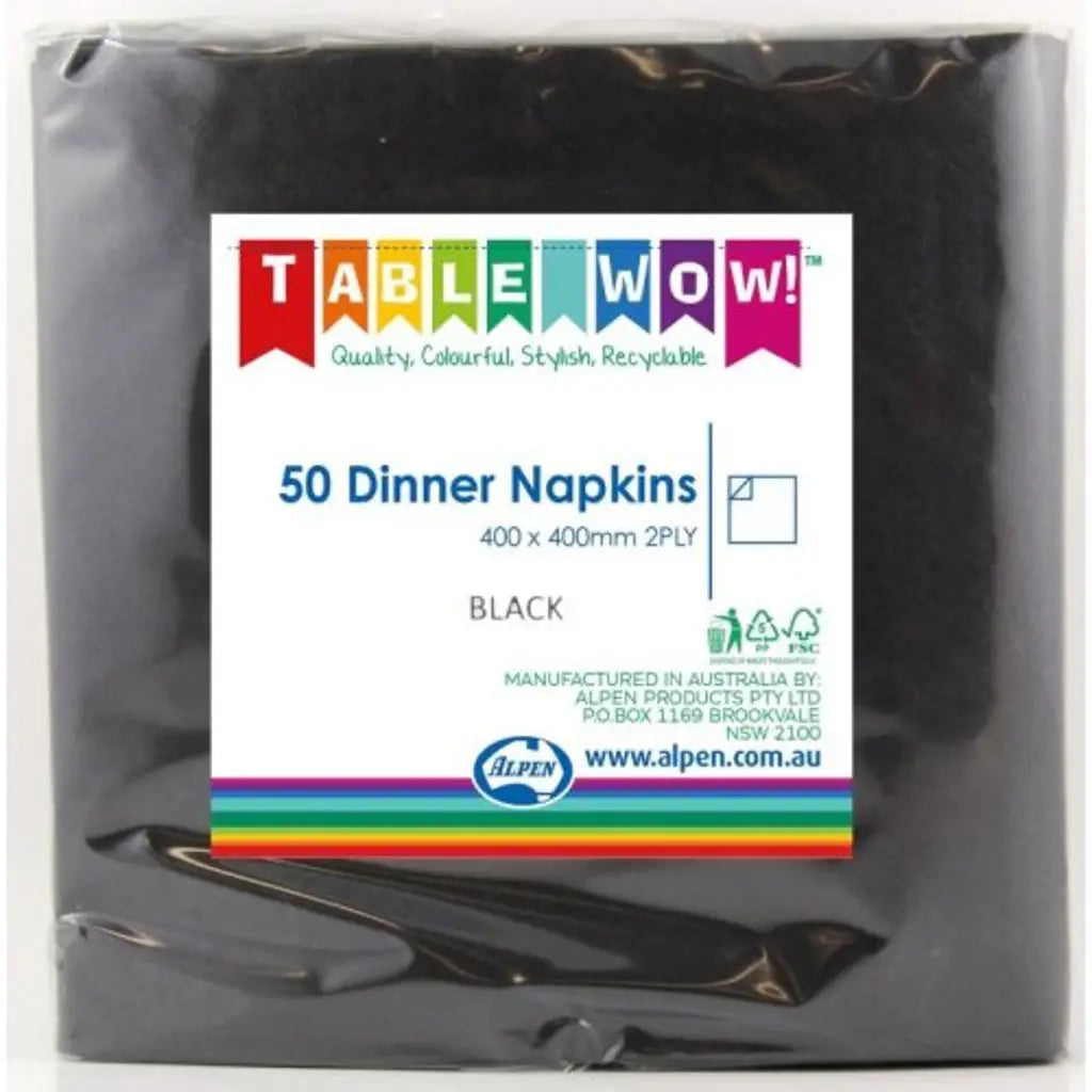 Alpen Dinner Napkins Black 400x400mm 2Ply 50Pk 380258