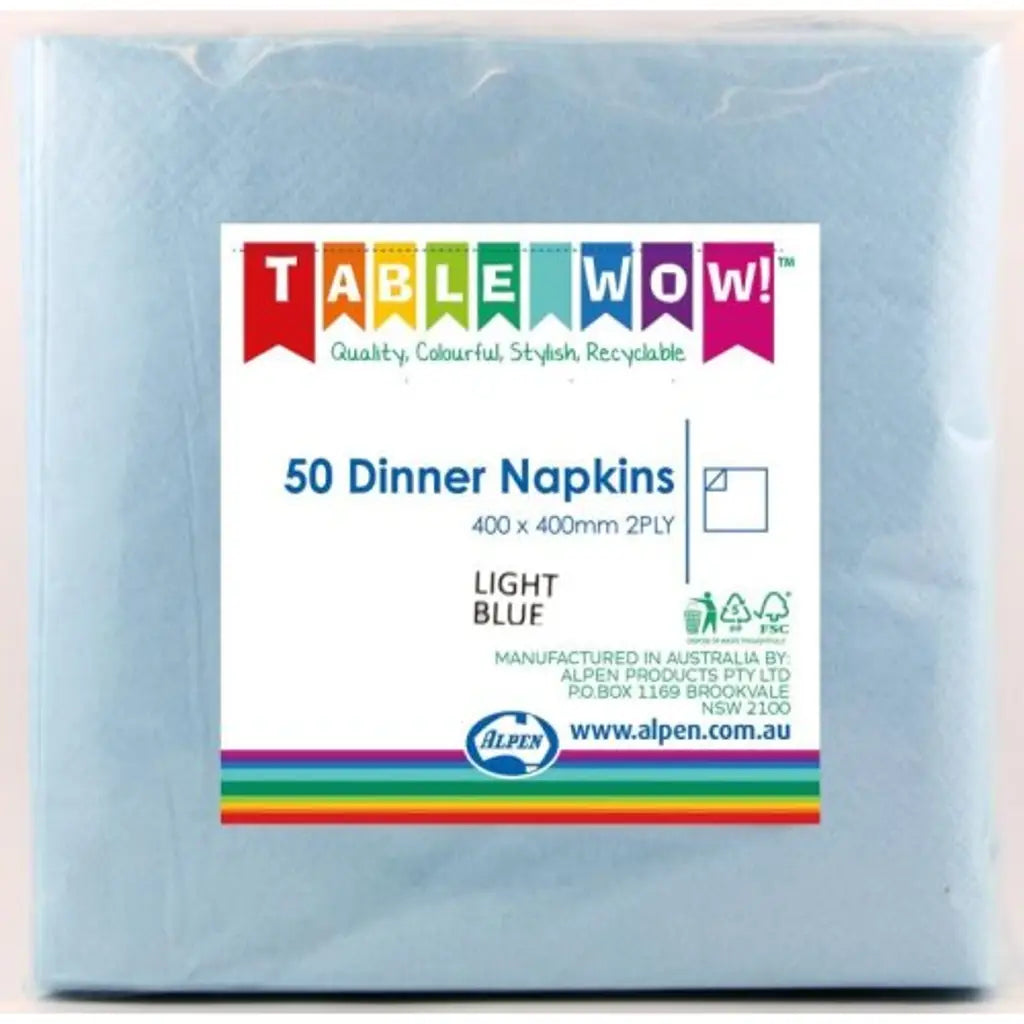 Alpen Dinner Napkins Light Blue 400x400mm 2Ply 50Pk 380207