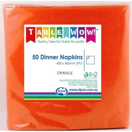 Alpen Dinner Napkins Orange 400x400mm 2Ply 50Pk 380249