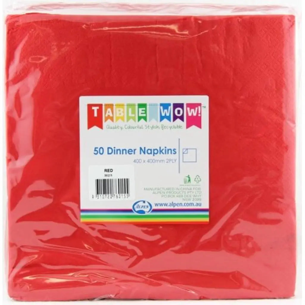 Alpen Dinner Napkins Red 400x400mm 2Ply 50Pk 380216