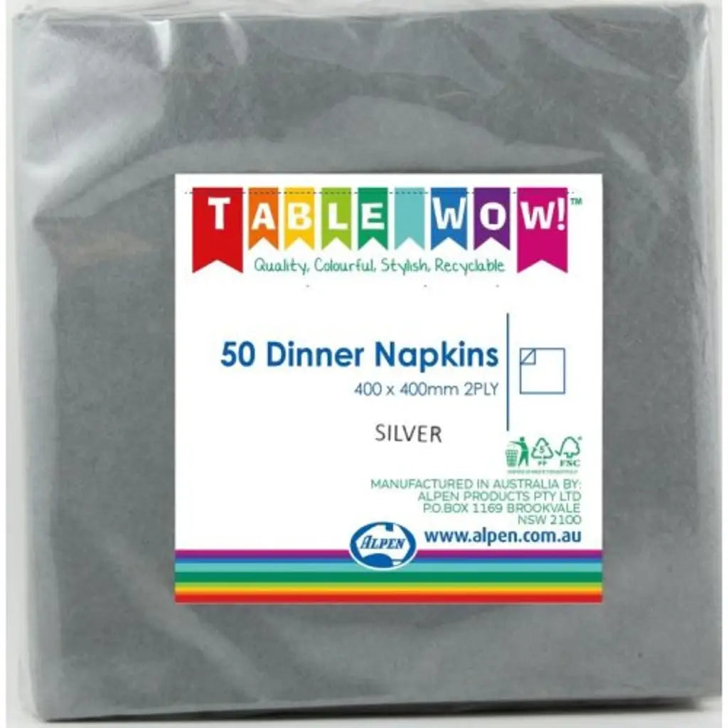 Alpen Dinner Napkins Silver 400x400mm 2Ply 50Pk 380219