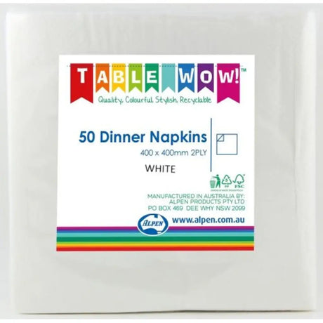 Alpen Dinner Napkins White 400x400mm 2Ply 50Pk 380201