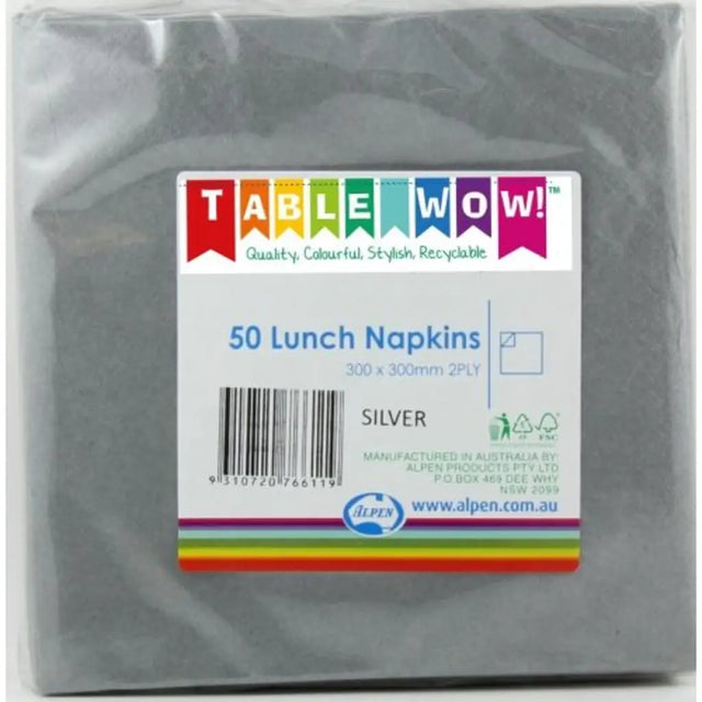 Alpen Lunch Napkins Silver 330x330mm 2Ply 50Pk 380119