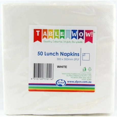 Alpen Lunch Napkins White 330x330mm 2Ply 50Pk 380101