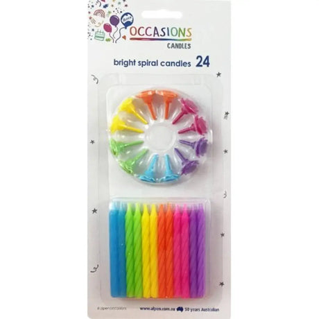 Alpen Occasions Birthday Candles Bright Spiral With Holders Assorted Colours 24Pk 431122
