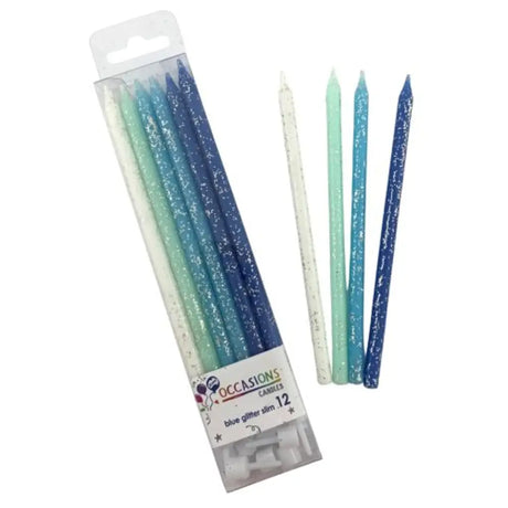 Alpen Occasions Birthday Candles Glitter Slim Blue 120mm 12Pk 431197