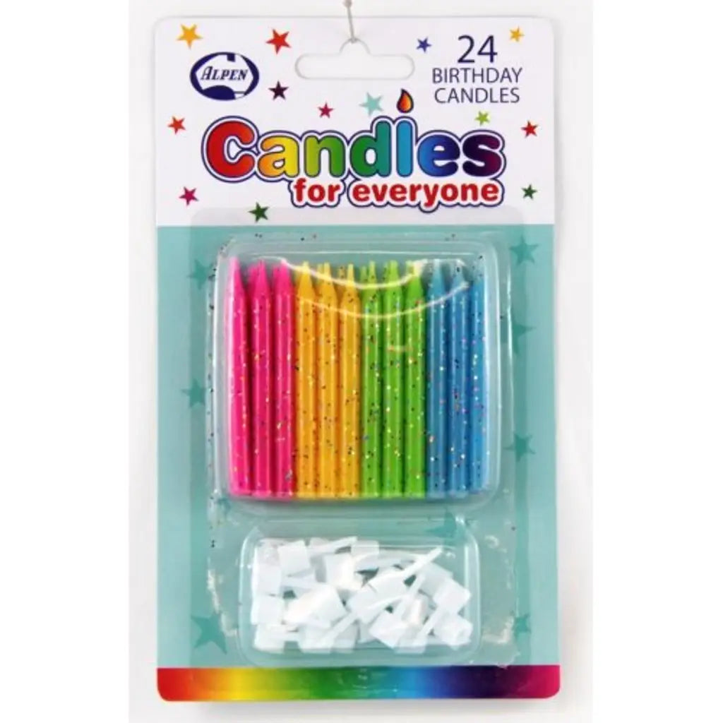 Alpen Occasions Birthday Candles Glitter With Holders Assorted Colours 24Pk 431126