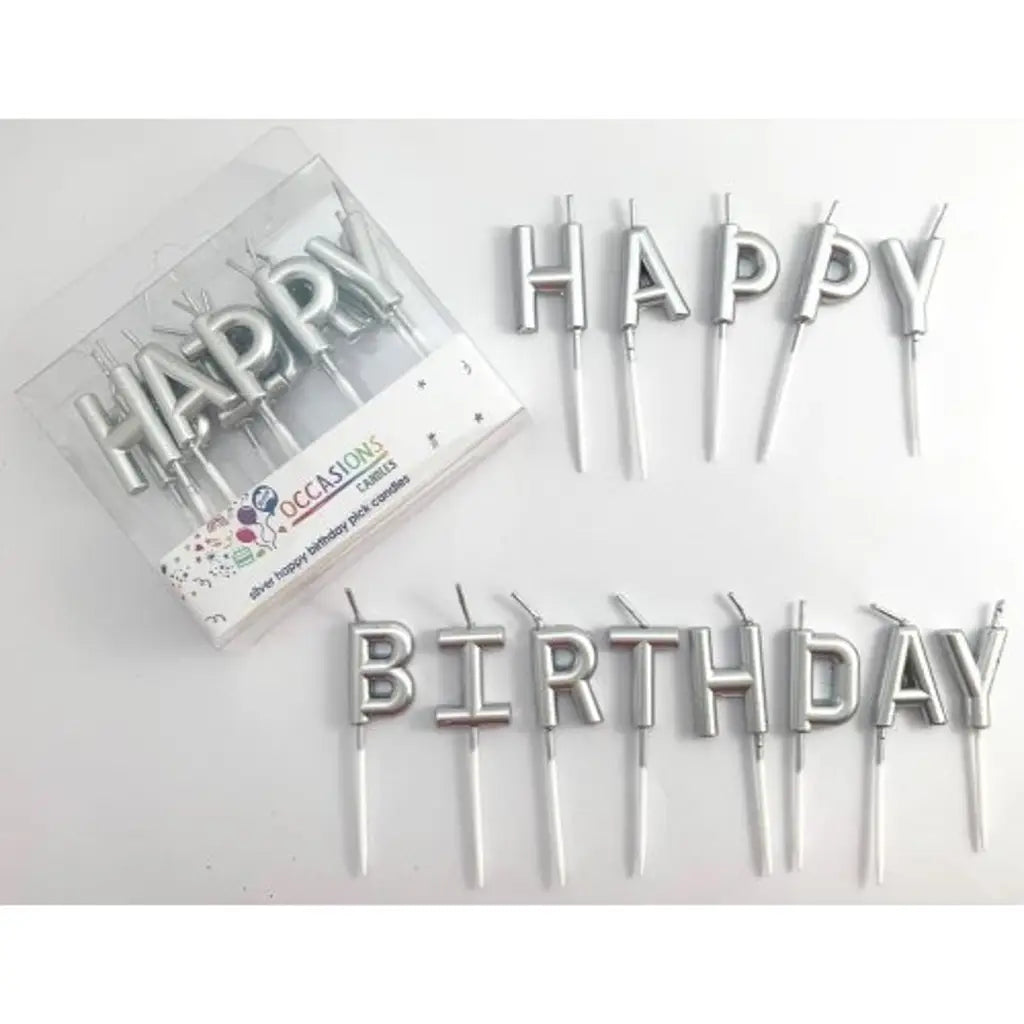 Alpen Occasions Birthday Candles Happy Birthday Text Metallic Silver 442610