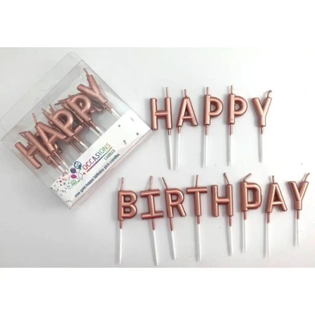 Alpen Occasions Birthday Candles Happy Birthday Text Rose Gold 442612