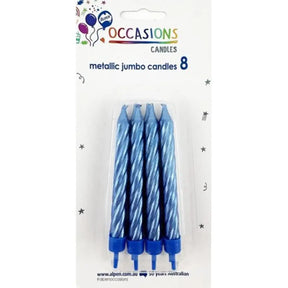 Alpen Occasions Birthday Candles Jumbo Metallic Spiral With Holders Blue 8Pk 431153