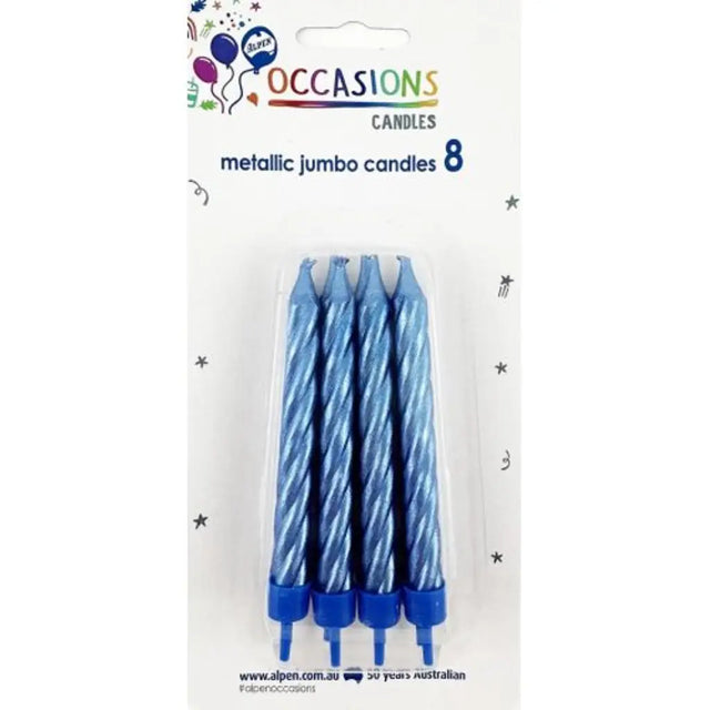 Alpen Occasions Birthday Candles Jumbo Metallic Spiral With Holders Blue 8Pk 431153