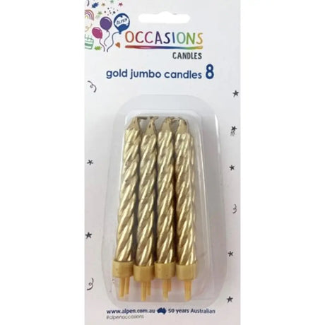 Alpen Occasions Birthday Candles Jumbo Metallic Spiral With Holders Gold 8Pk 431141