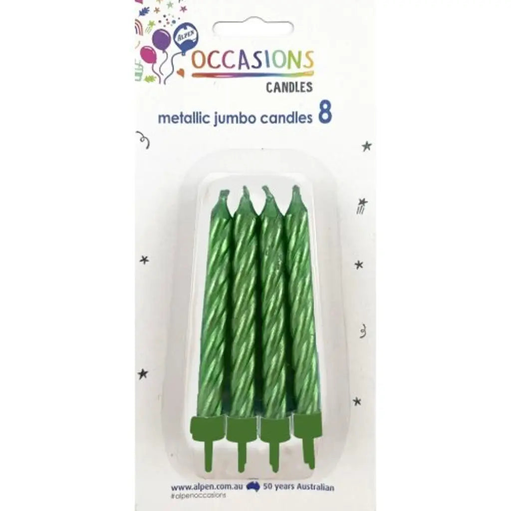 Alpen Occasions Birthday Candles Jumbo Metallic Spiral With Holders Green 8Pk 431158