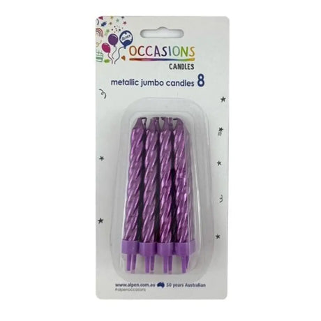 Alpen Occasions Birthday Candles Jumbo Metallic Spiral With Holders Purple 8Pk 431156
