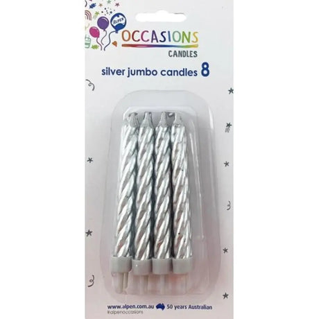Alpen Occasions Birthday Candles Jumbo Metallic Spiral With Holders Silver 8Pk 431143