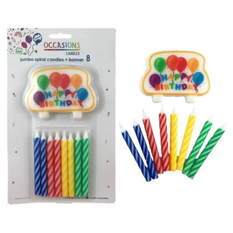 Alpen Occasions Birthday Candles Jumbo Spiral With Banner Assorted Colours 8Pk 431170
