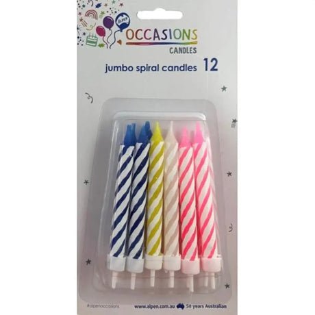 Alpen Occasions Birthday Candles Jumbo Spiral With Holders Assorted Colours 12Pk 431145